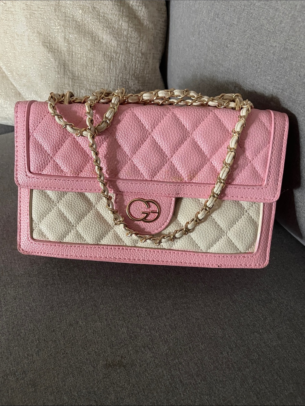 Two-Tone Pink and Cream Quilted Shoulder Bag with Gold Chain